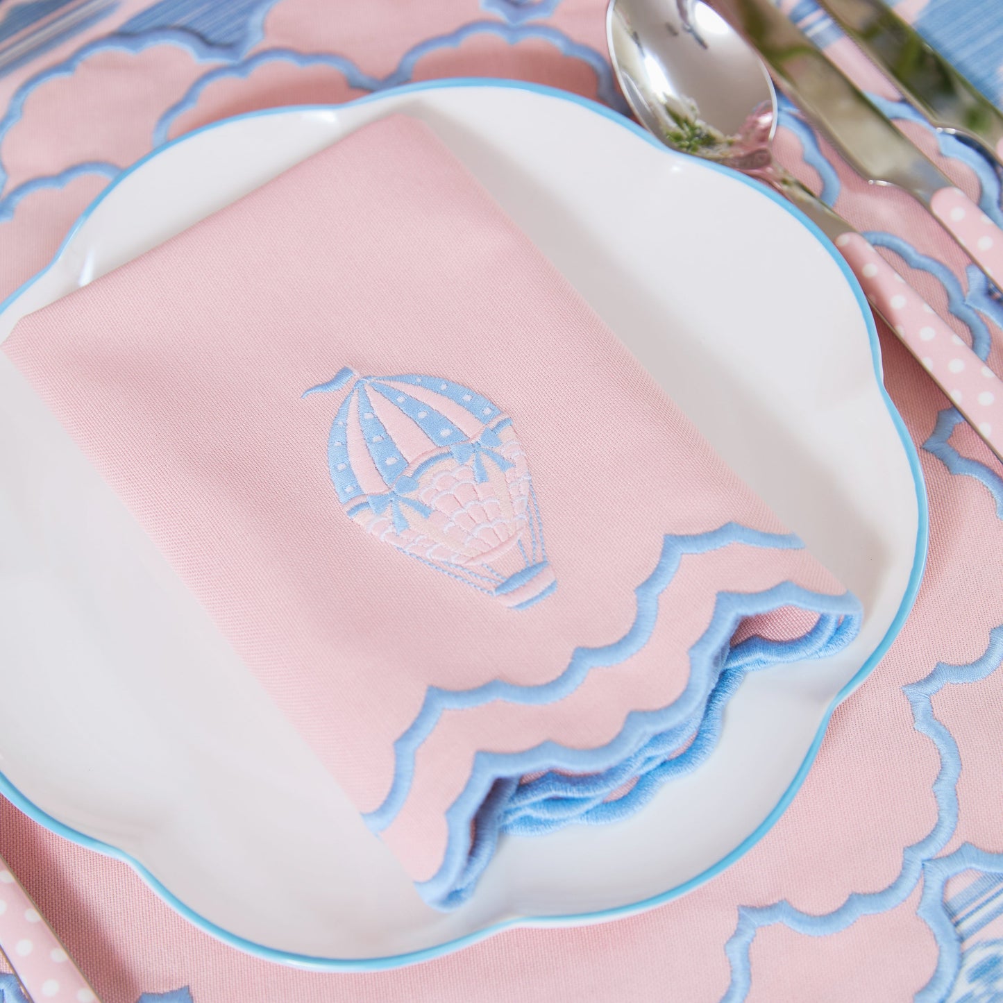 Pink & Blue Sarah Hot Air Balloon Embroidered Napkins (Set of 4)