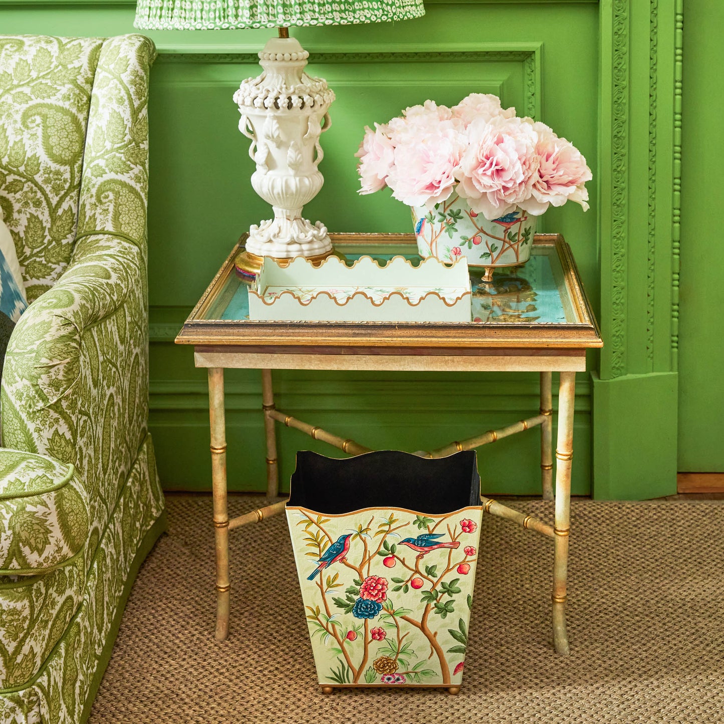 Green Chinoiserie Tole Waste Paper Bin