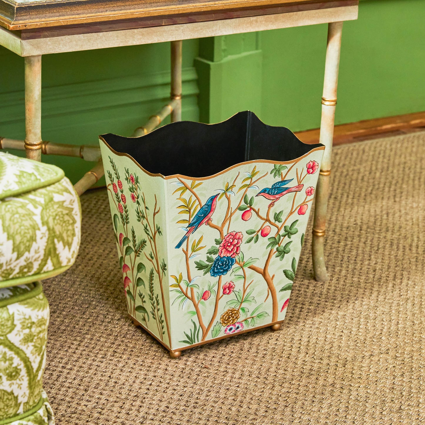 Green Chinoiserie Tole Waste Paper Bin