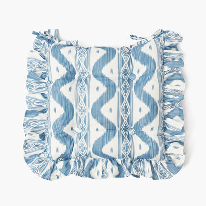 Frilled Blue Ikat Seat Pad Cushions (Set of 4)