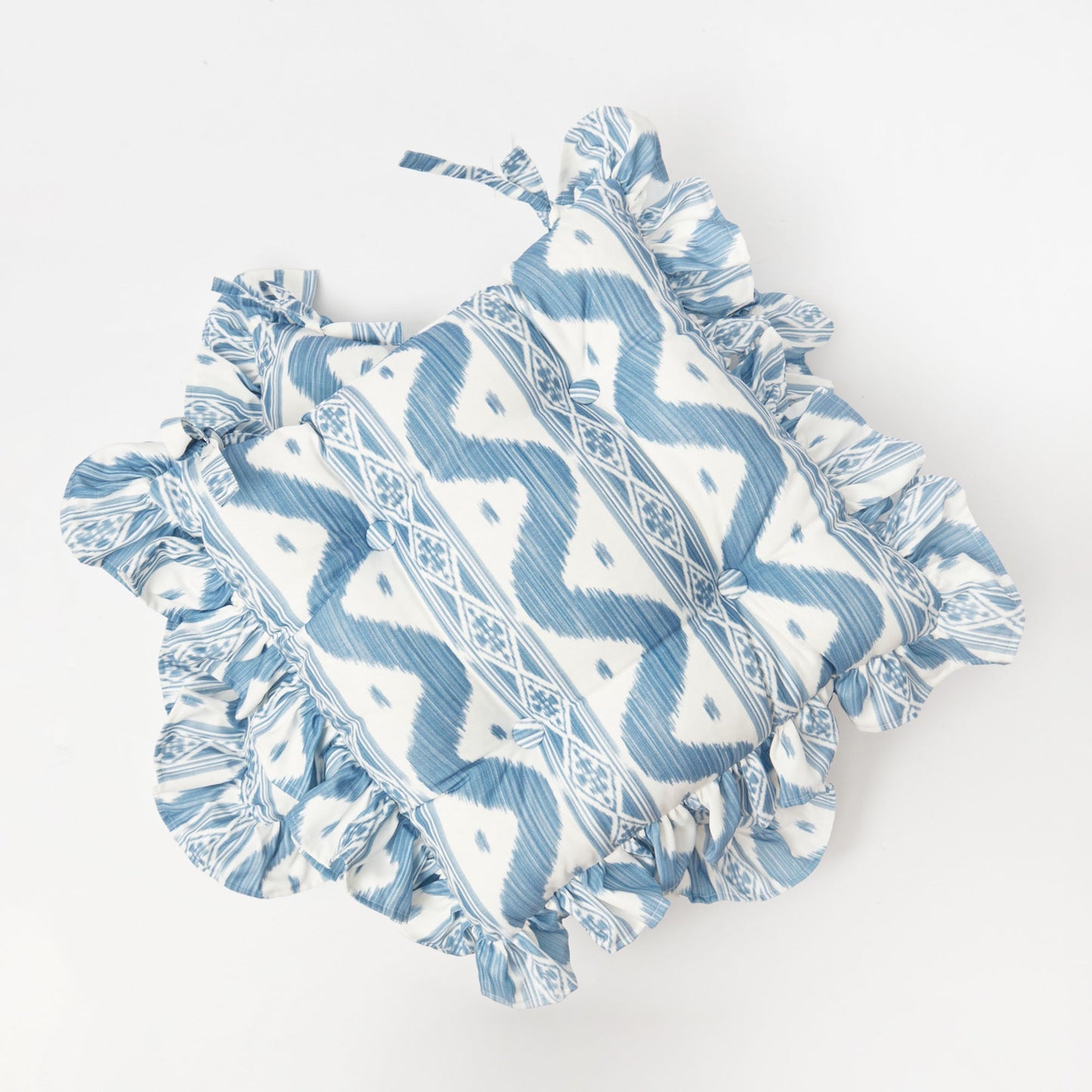 Frilled Blue Ikat Seat Pad Cushions (Set of 4)