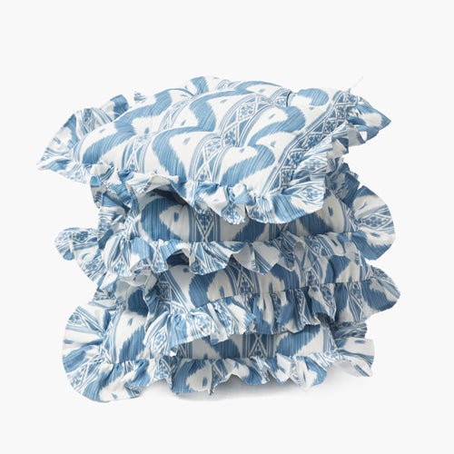 Frilled Blue Ikat Seat Pad Cushions (Set of 4)