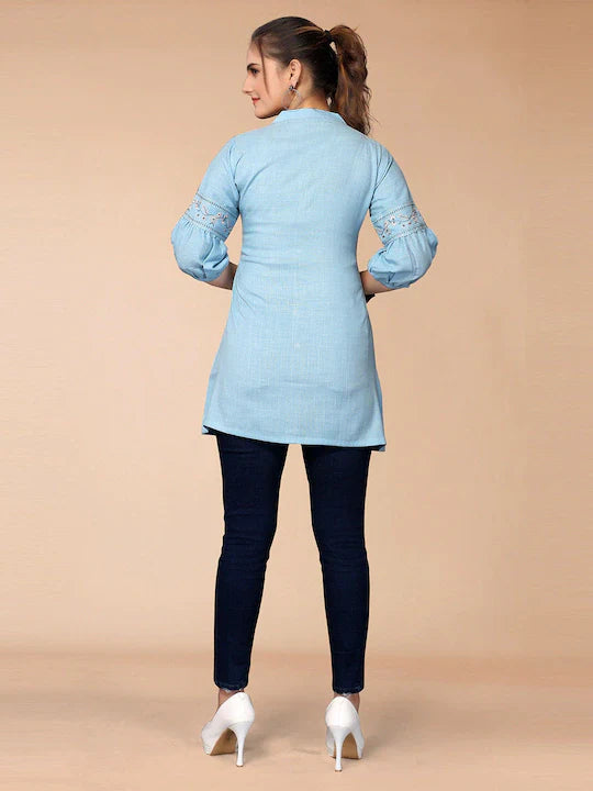 Blue Rayon Embroidered Top