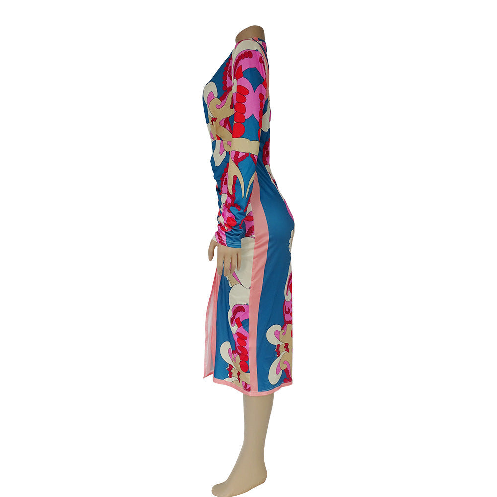 CM.YAYA Women Paisley 3D Printed Stacked Long Sleeve Deep V-neck Bodycon Midi Maxi Long Dress 2023 Evening Sexy Party Dresses
