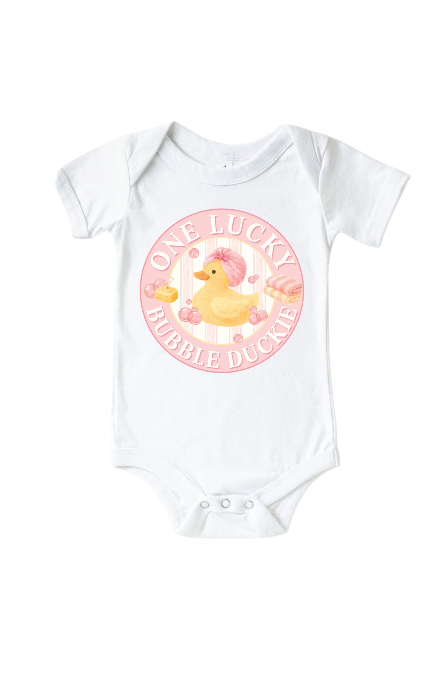 One Lucky Duckie Pink Graphic Bodysuit & Kids Tee | White