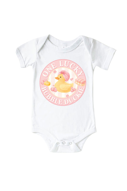 One Lucky Duckie Pink Graphic Bodysuit & Kids Tee | White