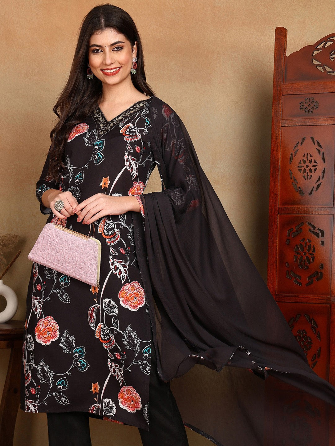 Black Floral Printed Zari Work Straight Kurta With Trousers & Dupatta