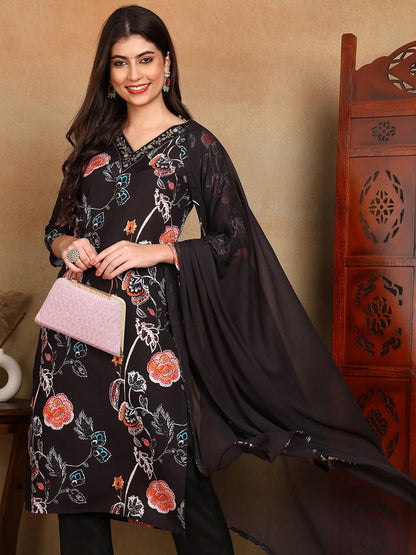 Black Floral Printed Zari Work Straight Kurta With Trousers & Dupatta