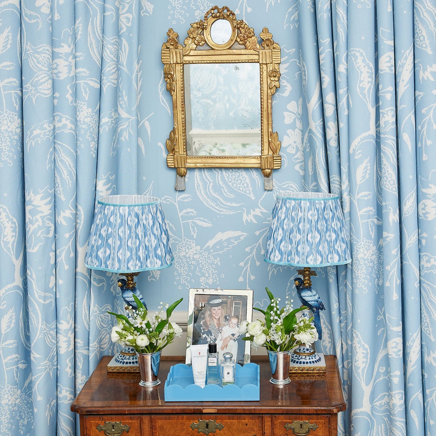 Blue Parrot Lamp with Blue Ikat Shade (30cm)