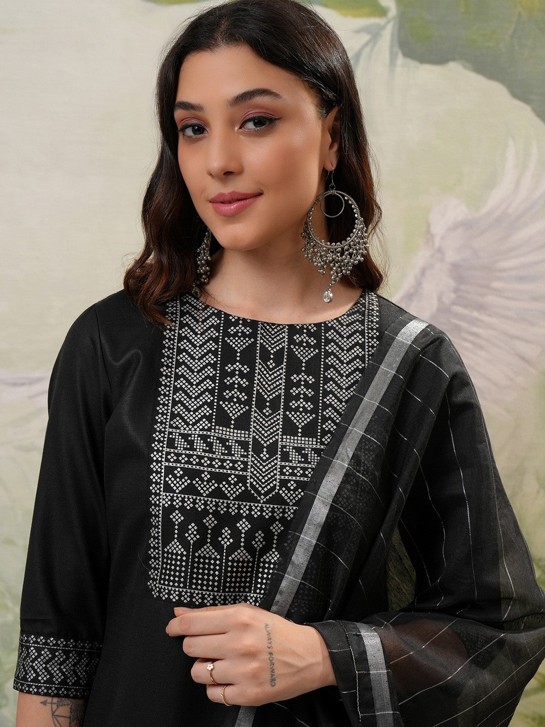 Black Printed Regular Kurta with Trouser & Dupatta