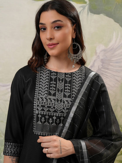 Black Printed Regular Kurta with Trouser & Dupatta