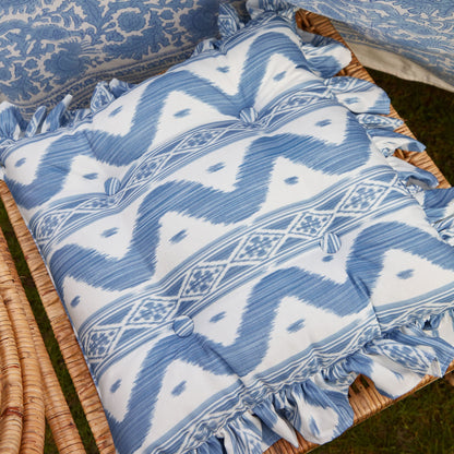Frilled Blue Ikat Seat Pad Cushions (Set of 4)