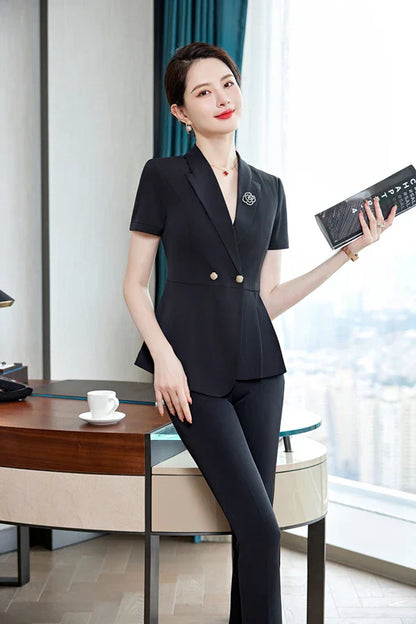 NAVIU Fashion Pink Short Sleeve Professional Suit Women New Summer Elegant Formal Slim Blazer And Pants Office Ladies Work Wear