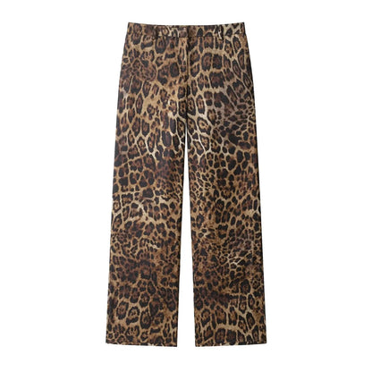 KONDALA Vintage Leopard Print Women Suits V Neck Sashes Long Sleeve Oversized Blazer+Wide Leg Pants Fashion 2025 Autumn Suits