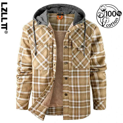Winter Men Plaid Fleece Shirts Coats Mens Hooded Casual Shirts Man Sport Outdoor Loose Shirt Jacket Men Button Down Hoodie Shirt