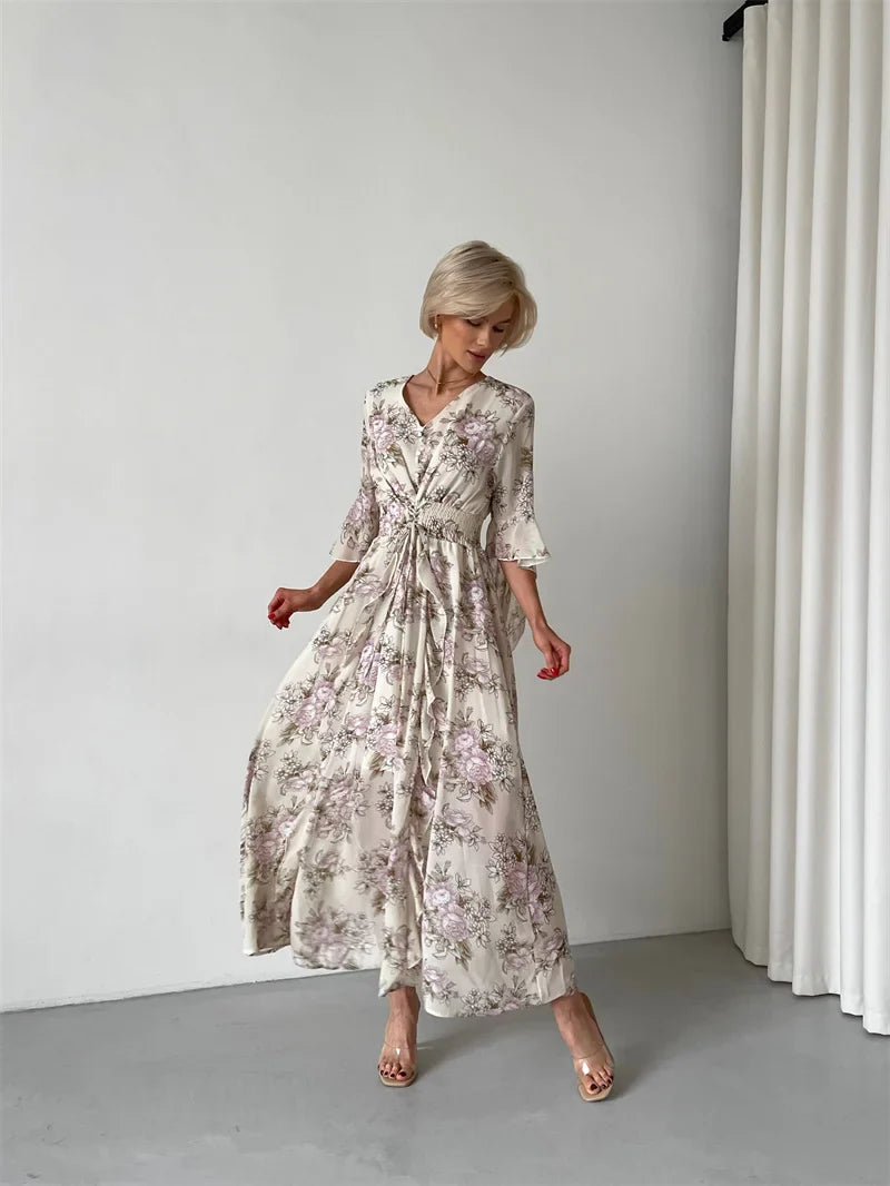 Elegant Bodycon Chiffon Maxi Dress Women Bandage Sexy Side Slit Beach Dress White Pink Floral Summer Long Dresses For Women 2024