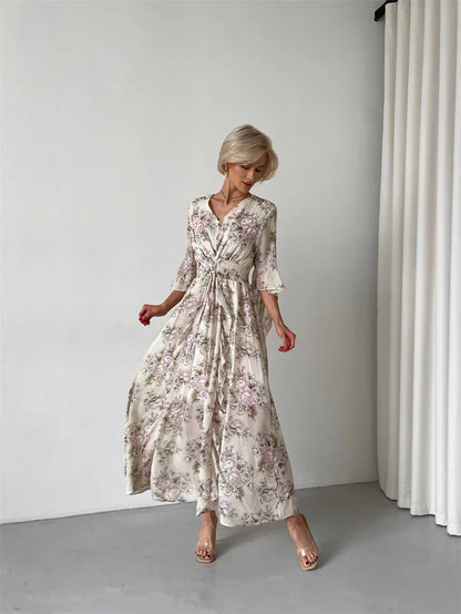 Elegant Bodycon Chiffon Maxi Dress Women Bandage Sexy Side Slit Beach Dress White Pink Floral Summer Long Dresses For Women 2024
