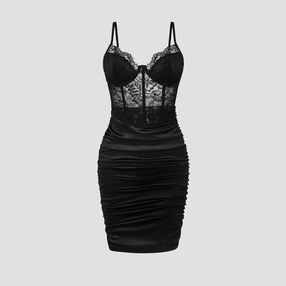 Elegant Sleeveless Dress for Woman New Fashion Sexy Lace Pleated Flower Patterned Hip Wrap Skirt Y2k Slim Fit Dresses for Female
