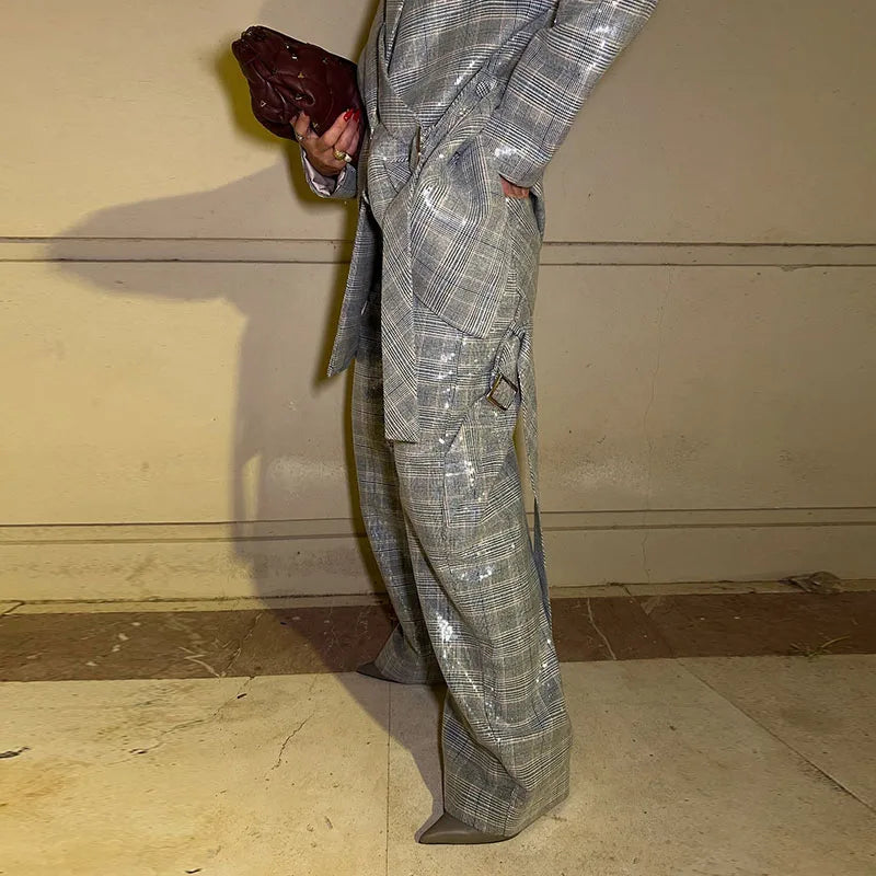 Sequin Women Striped Blazer Long Sleeve Belt Single Breasted Coat Fashion Wide Leg Trouser Outfit Female Office Clothing 2026