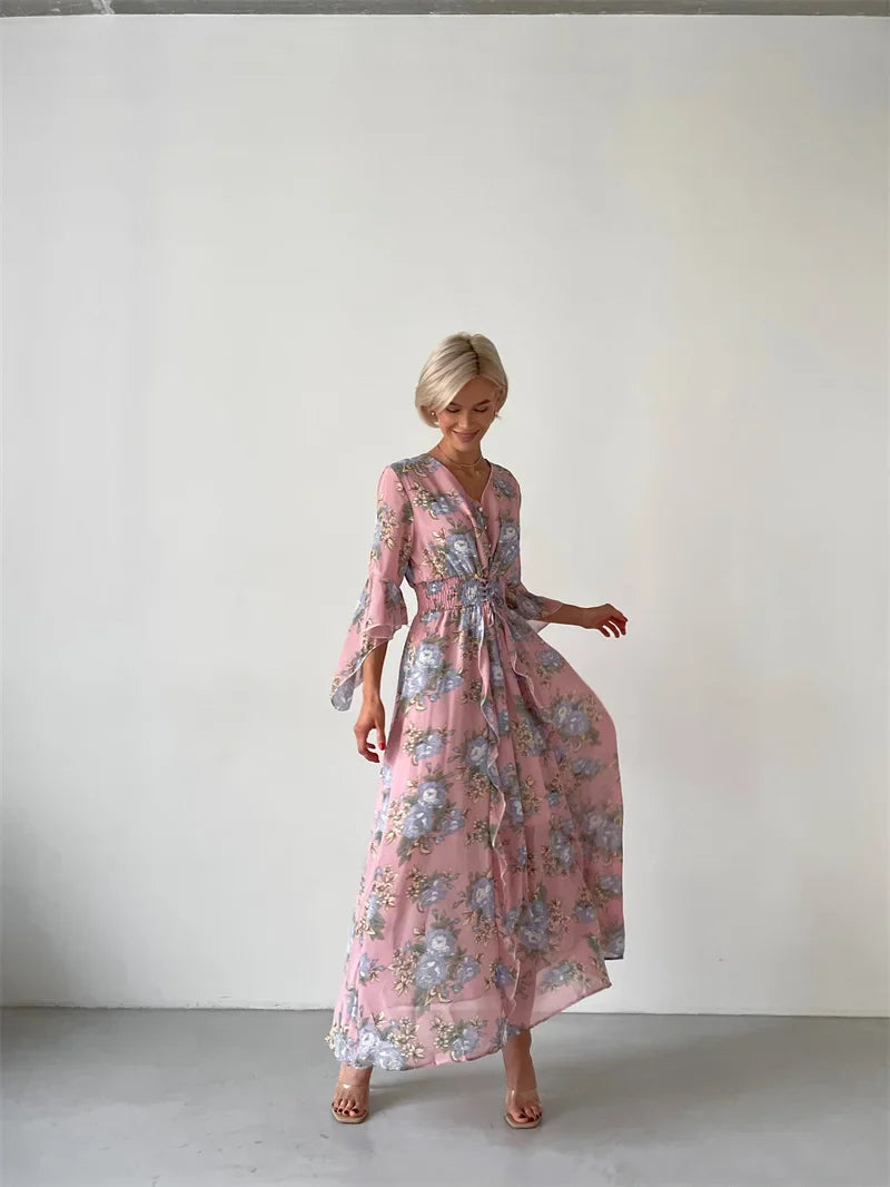 Elegant Bodycon Chiffon Maxi Dress Women Bandage Sexy Side Slit Beach Dress White Pink Floral Summer Long Dresses For Women 2024
