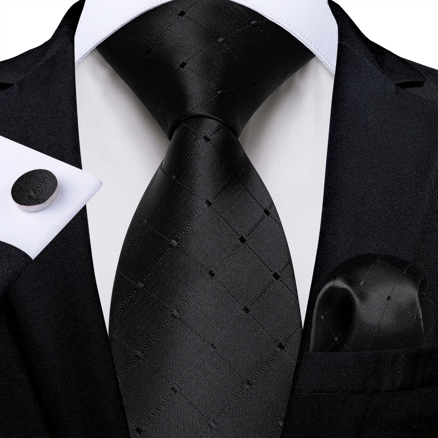 Men's Black Ties Handkerchief Cufflinks Business Formal Floral Striped Solid 8cm Necktie Gift for Husband Wedding Accessories