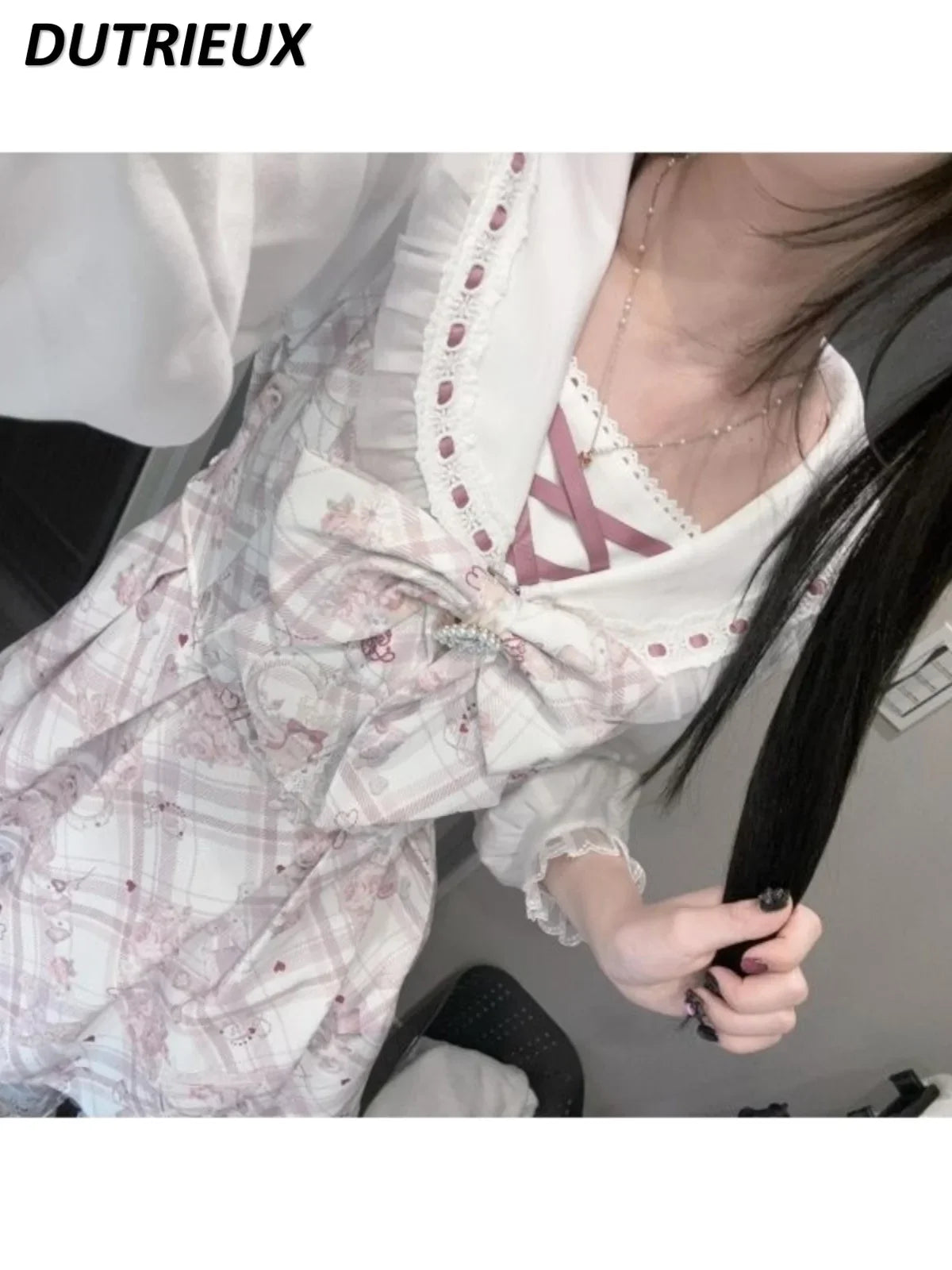 Spring Summer Pink Cute Casual Long Sleece Dresses for Women Bow Printed Bear Navy Collar Princess Dress Waist Pleated