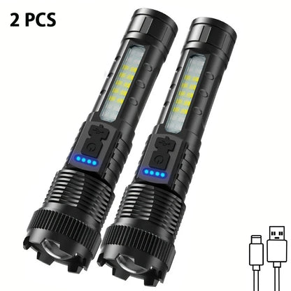 Rechargeable Zoomable LED Flashlight – 2-Pack, 200-500m Range, 5-8 Brightness Levels