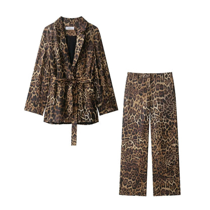 KONDALA Vintage Leopard Print Women Suits V Neck Sashes Long Sleeve Oversized Blazer+Wide Leg Pants Fashion 2025 Autumn Suits