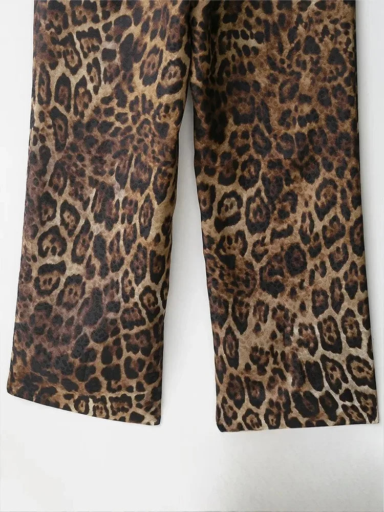 KONDALA Vintage Leopard Print Women Suits V Neck Sashes Long Sleeve Oversized Blazer+Wide Leg Pants Fashion 2025 Autumn Suits