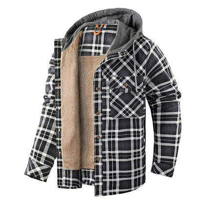 Winter Men Plaid Fleece Shirts Coats Mens Hooded Casual Shirts Man Sport Outdoor Loose Shirt Jacket Men Button Down Hoodie Shirt