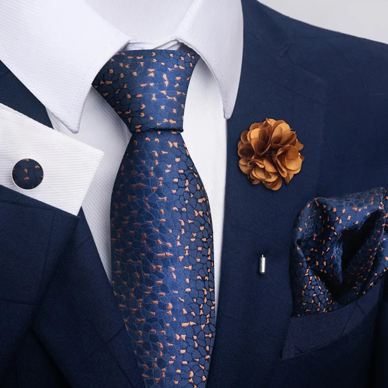 Luxury Mens Ties Floral Black Gold Ties Paisley NeckTie Pocket Square Cufflinks Brooch Set Men's Wedding Party Tie