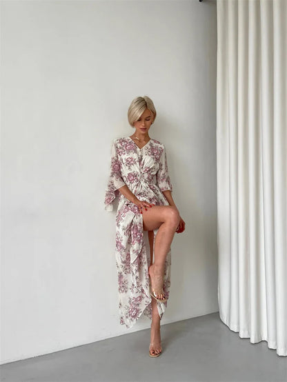 Elegant Bodycon Chiffon Maxi Dress Women Bandage Sexy Side Slit Beach Dress White Pink Floral Summer Long Dresses For Women 2024