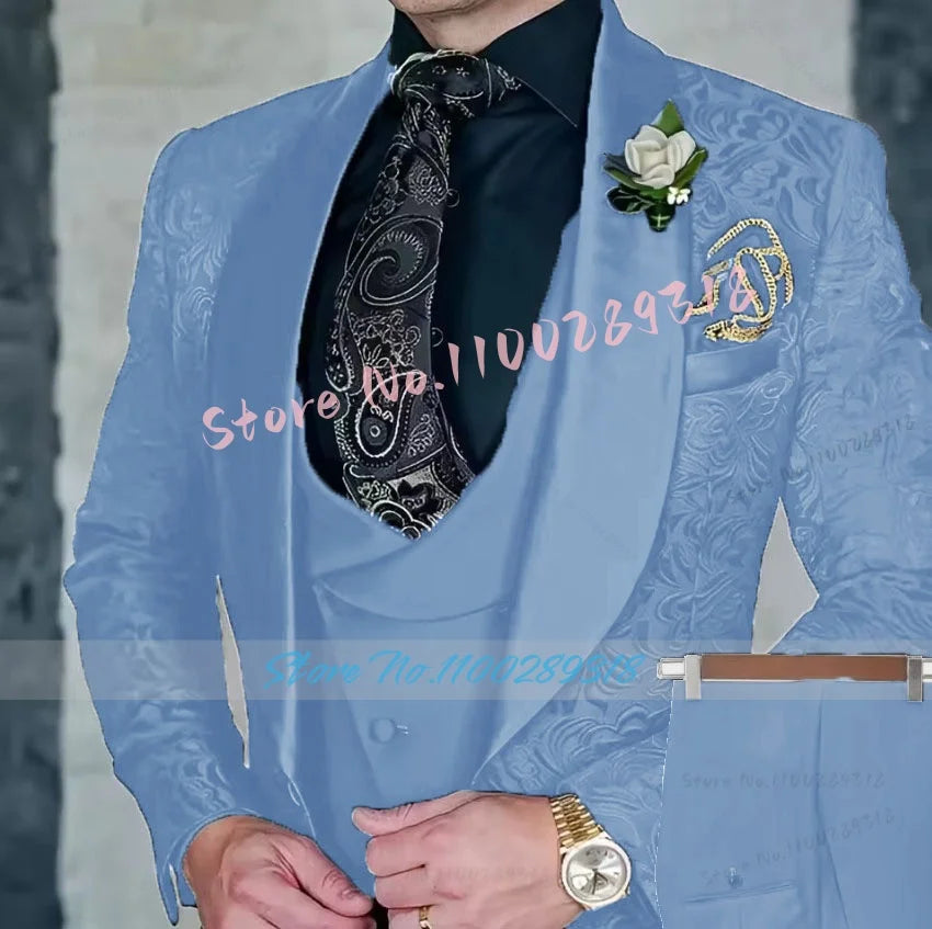 Jacquard Men's 3-piece Suit Set Formal Party Dress Groom Tuxedo High Quality Elegant Men Terno Masculino  Costume Homme Mariage