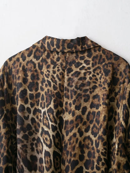 KONDALA Vintage Leopard Print Women Suits V Neck Sashes Long Sleeve Oversized Blazer+Wide Leg Pants Fashion 2025 Autumn Suits