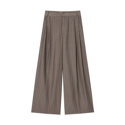Office Lady Chic Brown Suits V Neck Striped Loose Blazer High Waist Wide Leg Pants Fashion Casual Women Suits Костюм Офисный