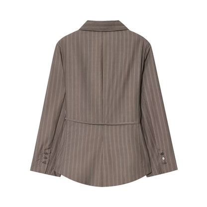 Office Lady Chic Brown Suits V Neck Striped Loose Blazer High Waist Wide Leg Pants Fashion Casual Women Suits Костюм Офисный