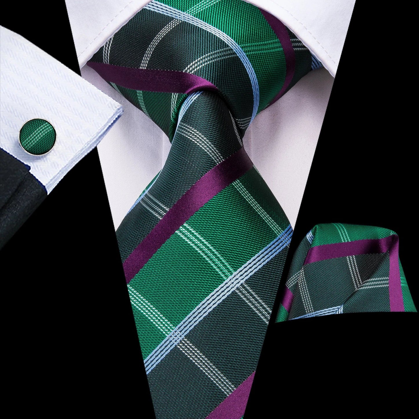 Hi-Tie Designer Silk Wedding Tie For Men Blue White Plaid Handky Cufflink Set Fashion Necktie For Men Business Party Wholesale
