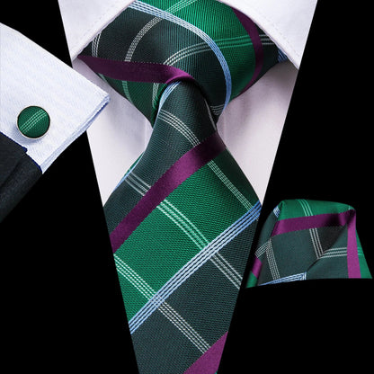 Hi-Tie Designer Silk Wedding Tie For Men Blue White Plaid Handky Cufflink Set Fashion Necktie For Men Business Party Wholesale