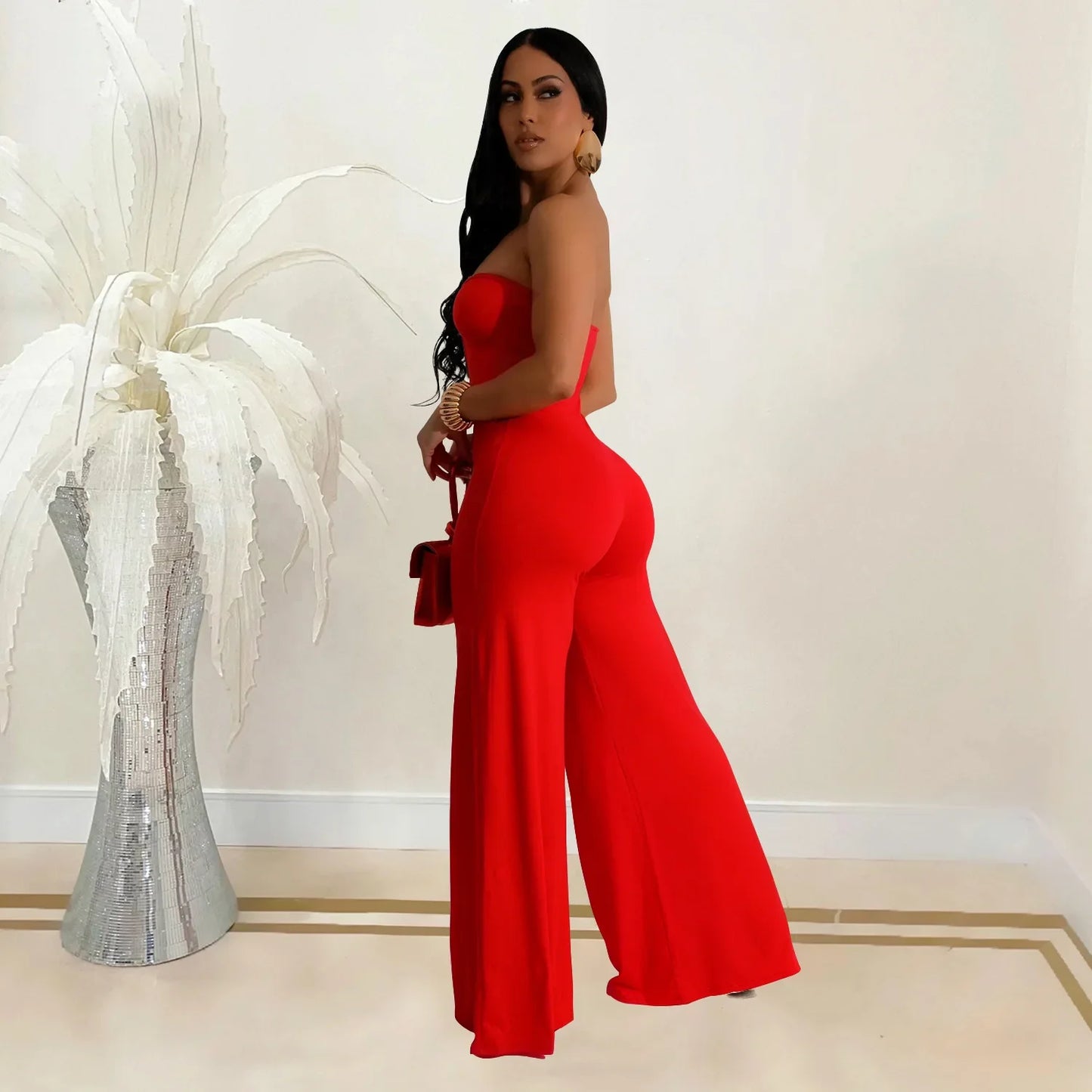 Summer Sexy Backless Women's Jumpsuit Fashionable Slim Fit Elegant Package hip Wide Leg Long Pants Female Party Jumpsuit 2025