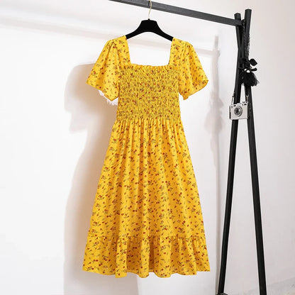 Spring Summer Chiffon Dress Women Midi DressesFemale Short Sleeve Elastic Waist Printed Floral Pleated Backless Casual Dress