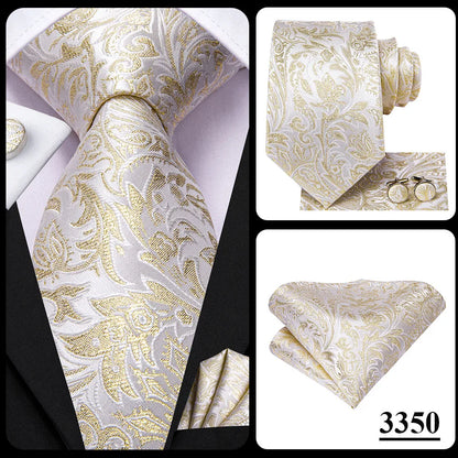 Hi-Tie Champagne Gold-color Silk Mens Elegant Ties Fashion Mens Necktie Pocket Square Cufflinks Set Business Party Wedding