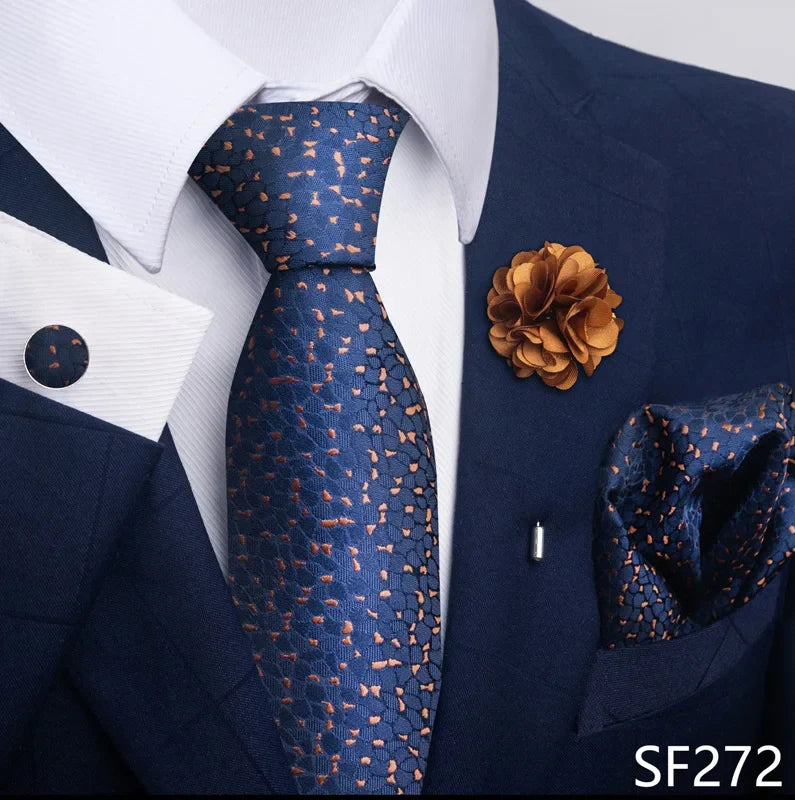 Luxury Mens Ties Floral Black Gold Ties Paisley NeckTie Pocket Square Cufflinks Brooch Set Men's Wedding Party Tie