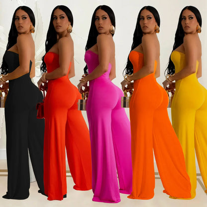 Summer Sexy Backless Women's Jumpsuit Fashionable Slim Fit Elegant Package hip Wide Leg Long Pants Female Party Jumpsuit 2025