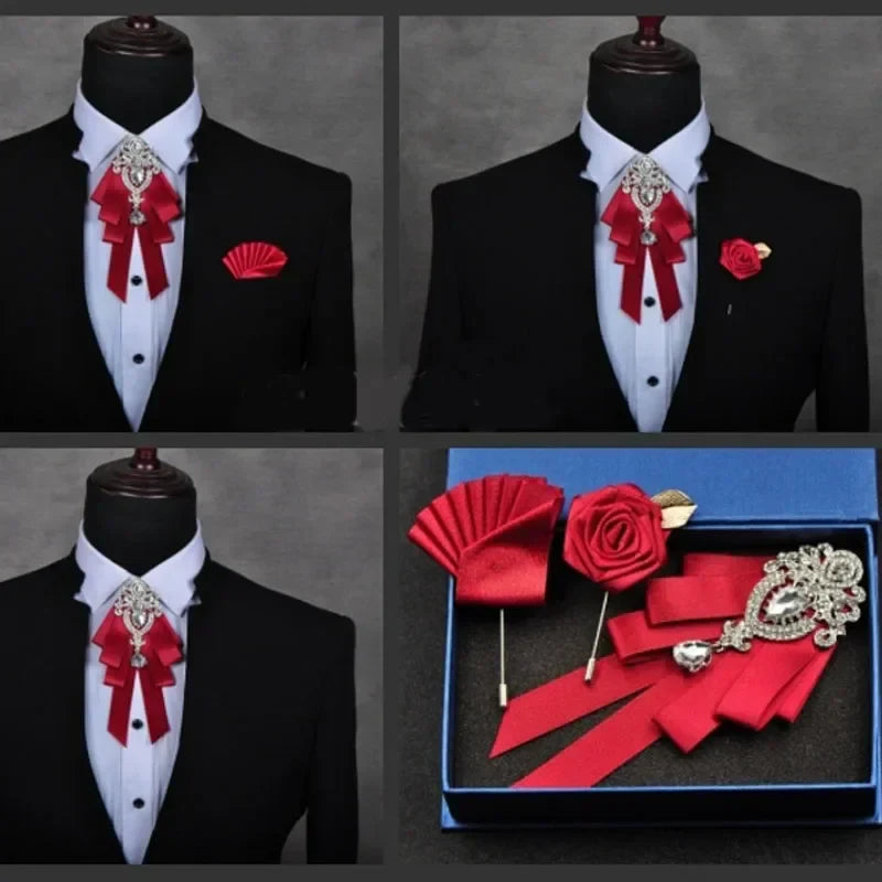 Fashion Handmade Bow Tie Wedding Collar Luxury Rhinestone Bowtie Necktie Brooch Pocket Towel Square Set Gift for Men Accessories