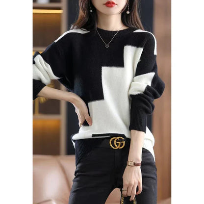 Autumn Winter Contrast Color Pullover Sweater Lady Loose Casual Fashion All-match Knitting Jumpers Ladies Oversized Bottomed Top