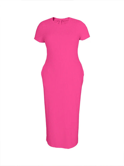 Plus Size 2024 Summer New Round Neck Short Sleeve Slim Hottie  Ladies' Stylish Summer Solid Versatile Bodycon Dress