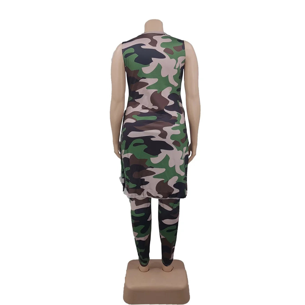 Camouflage Plus Size Women Clothing Two Piece Outfits Sleeveless Round Neck Bandage Crop Tops Pants Sets Wholesale Drop Shipping