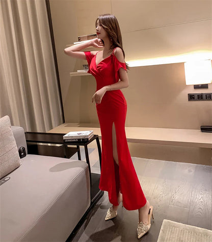 Spring Women Red Evening Party Dresses Short Sleeve V Neck Fit And Flare Long Maxi Summer Dress Lady Prom Gown Robe Longue Femme
