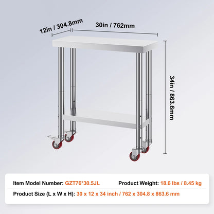 SucceBuy Stainless Steel Kitchen Worktable shelves Commercial Work Bench Table with Caster Wheels for Home Restaurant Storage