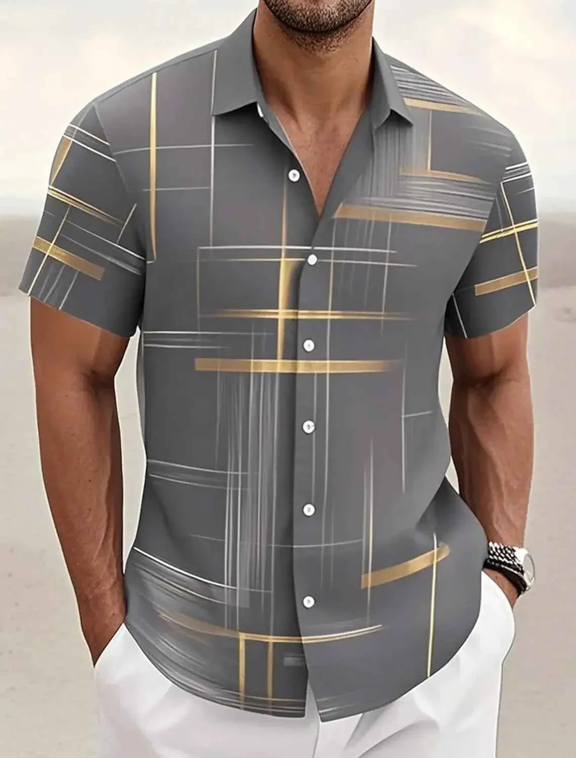 Summer Men's Geometric Grid  Plaid Shirts Short Sleeve Turndown Hawaiian Shirt Button Up Shirts No Pockets Shirts